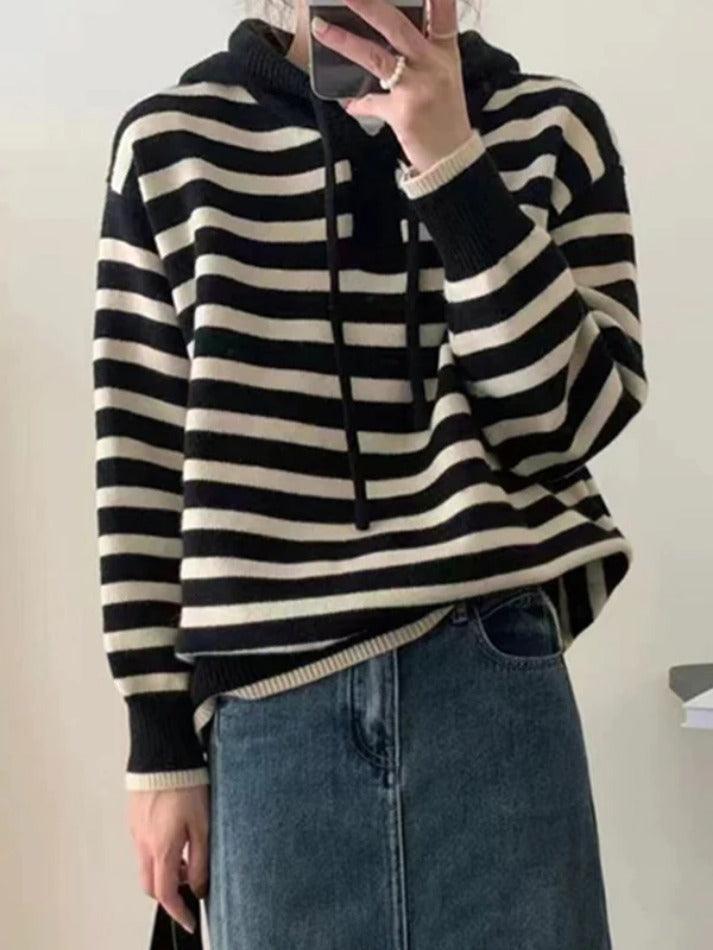 Vintage Contrast Color Striped Hooded Knit Sweater