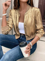 BXOXO Long Sleeves Loose Shiny Split-Joint Zipper Round-Neck Outerwear