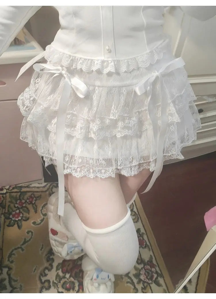 BXOXO Y2k Lace Sweet Girl Korea Summer Skirts Women Clothes White MIni Skirt High waist Loose Grunge Kawaii Cute A-line Fluffy Skirt