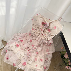 BXOXO - summer inspo Spicy Girl Sweet Lace-up Suspender Dress Floral Print Flounce Slim Sleeveless Dresses Summer New Party Beach Style Dress