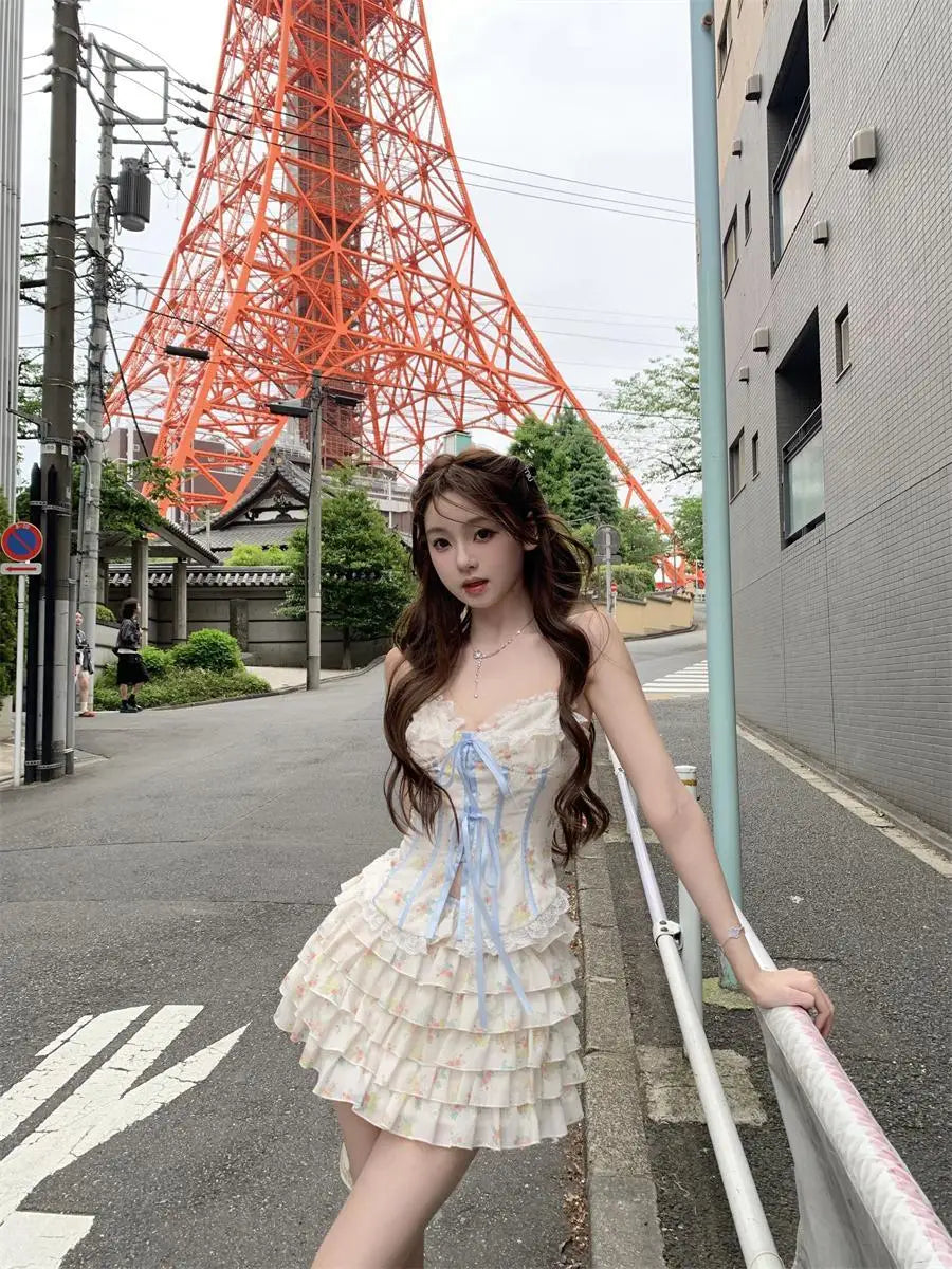 BXOXO Sweet Girl Lace Cute Y2k Tops Women Clothes 2000s Kawaii Bandage Sling Body Tank Tops Camis Coquette Sexy Summer Femme Crop Top