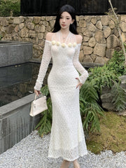 BXOXO party look inspos Elegant Lace Halter Womens Dresses Sexy Mesh Patchwork Long Sleeves Bodycon Mermaid Party Dress Female Casual Vestidos Long Robe