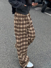 Vintage Plaid Print Drawstring Straight Leg Pants