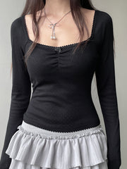 BXOXO - summer inspo Korean Fashion Shirring Bow Square Collar Slim Long Sleeve Black T Shirt Women White Solid Basic Cute Japanese Top Tee