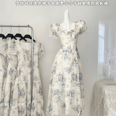 BXOXO - summer inspo Elegant Vintage Beach Long Dress Women Retro Floral Elegant Party Dresses Ladies Slim Short Sleeve Sweet Long Robe Vestidos