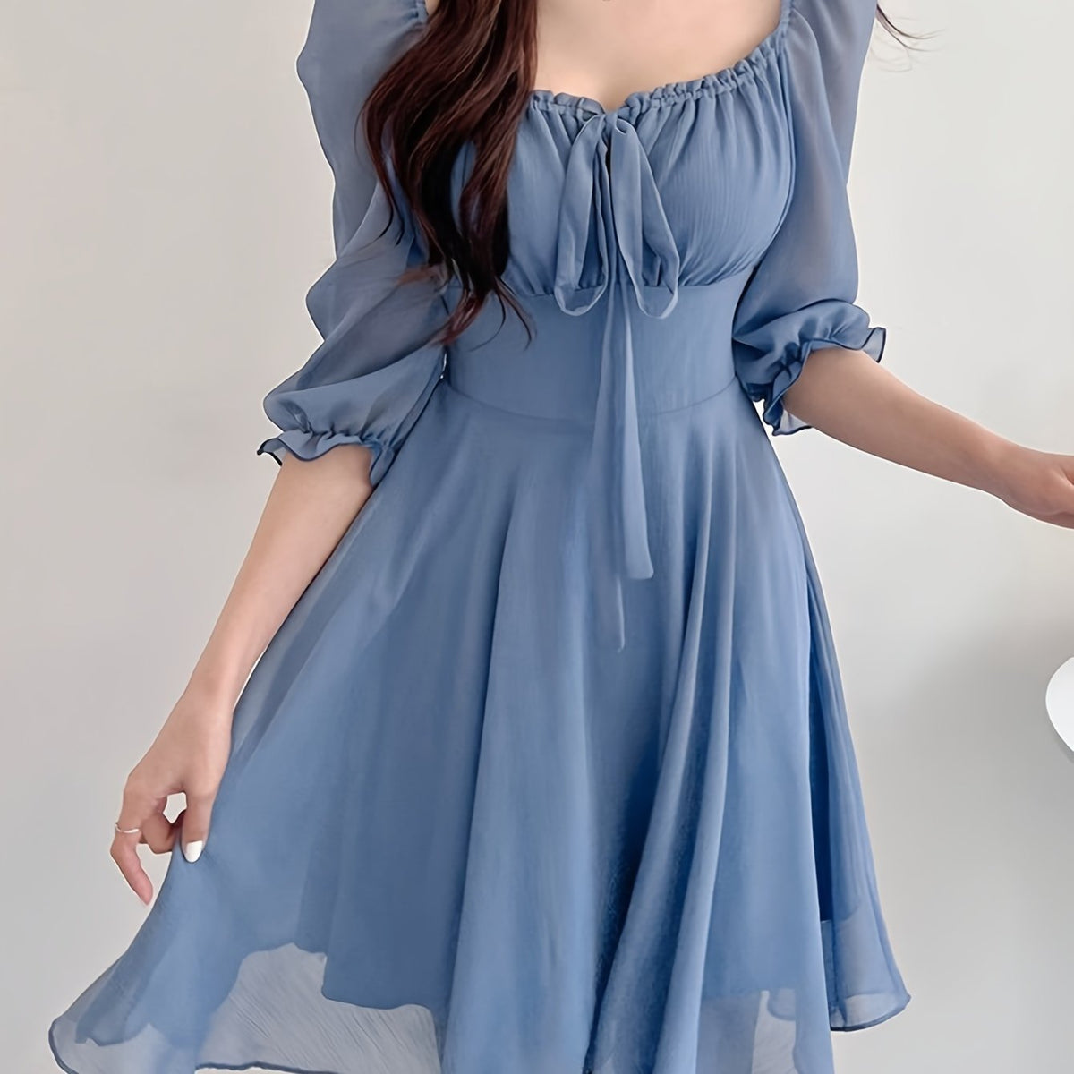 BXOXO Solid Color Square Neck Dress, Elegant Short Sleeve Tie Waist A-line Flowy Dress for Spring & Summer, Women's Clothing