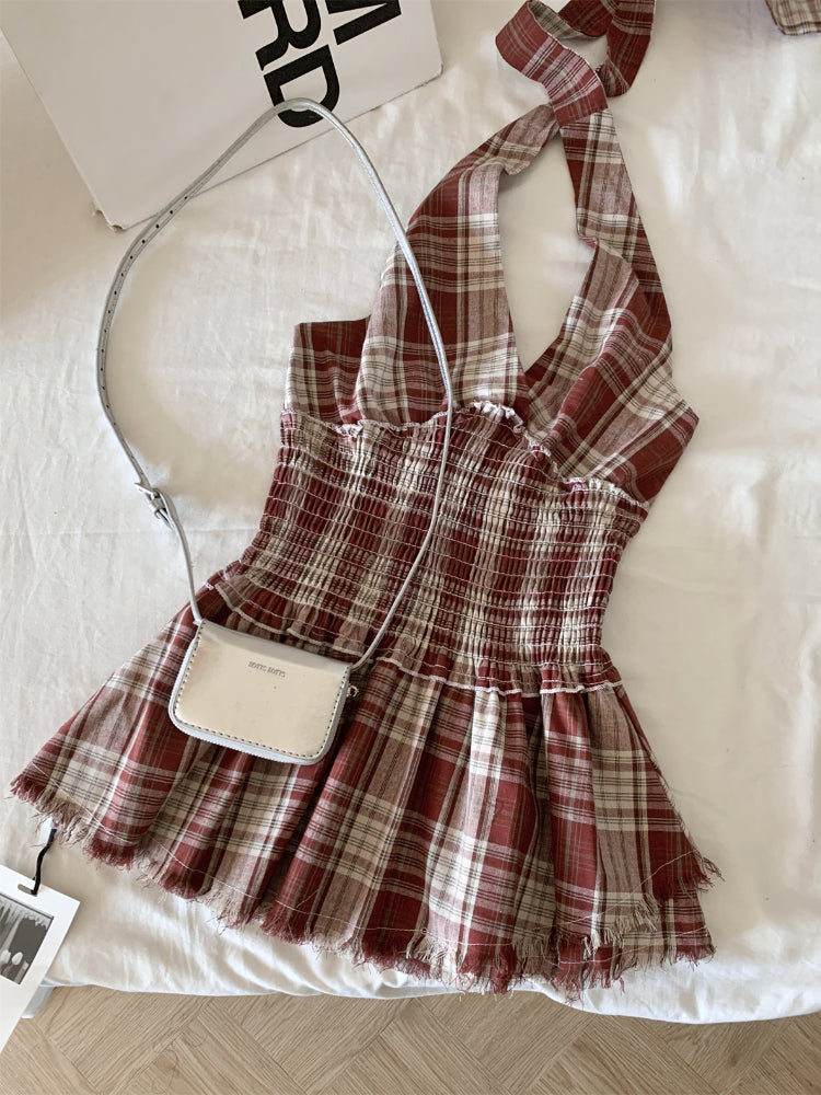 BXOXO Korea Fashion Plaid Mini Dress Women Elastic Waist V-Neck Slim Halter Pleated Dress Female Sexy Sweet College Style Clothing New