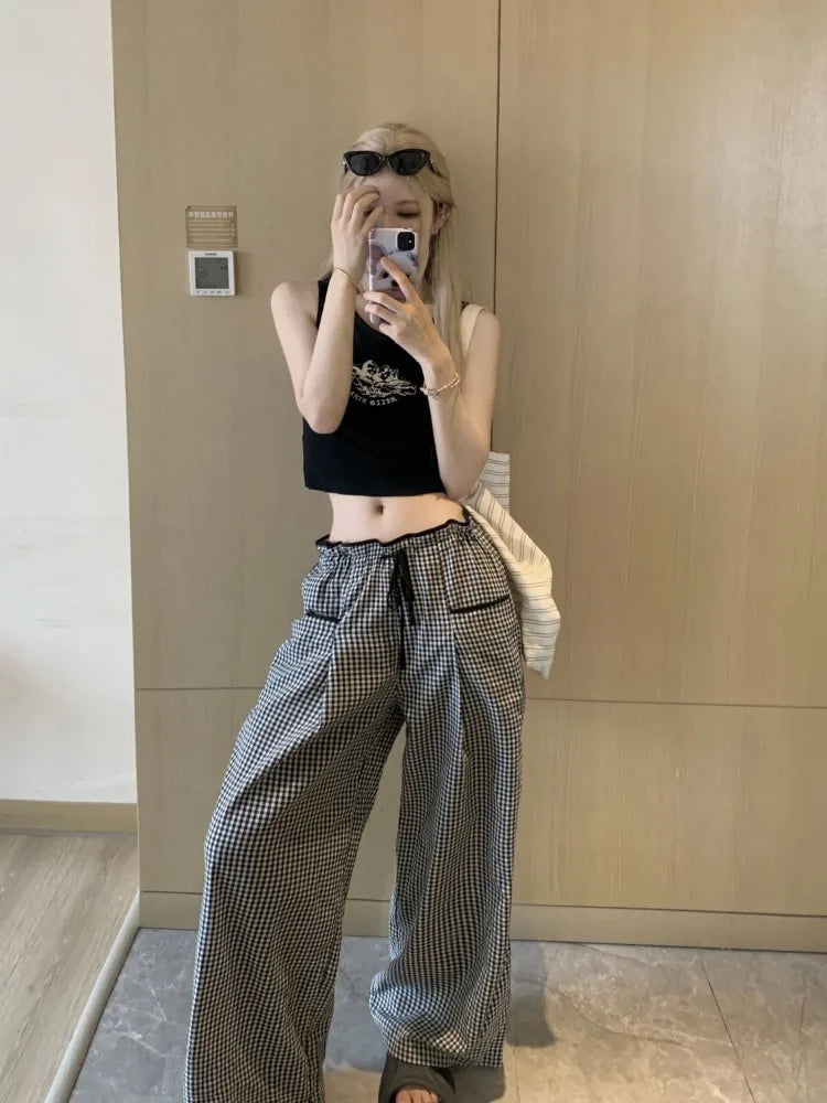 BXOXO Sweet Black Women Plaid Pants Coquette Japanese Style Cute Wide Leg Trousers Harajuku Kawaii Palazzo Pants Vintage Y2k