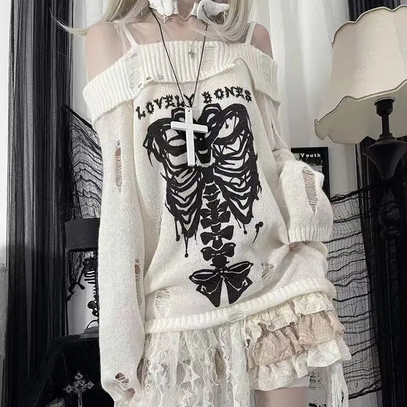 BXOXO Sweater Y2k Tops Punk Skull Gothic Women Clothes Winter Streetwear Hole Kawaii Loose Outerwears Pullovers Sweater Femme Clothing