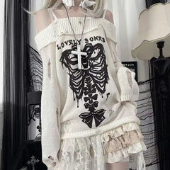 BXOXO Sweater Y2k Tops Punk Skull Gothic Women Clothes Winter Streetwear Hole Kawaii Loose Outerwears Pullovers Sweater Femme Clothing
