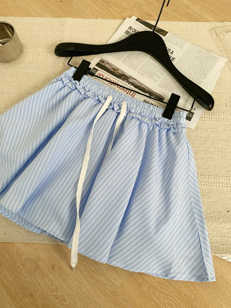BXOXO American Elegant Fashion Striped 2 Piece Set Women Button Short Tops+Drawstring Mini Umbrella Skirts Casual Streetwear Suits New