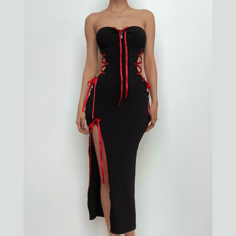 Bowknot Ruched Ribbon Lace Up Slit Ribbed Tube Midi Dress