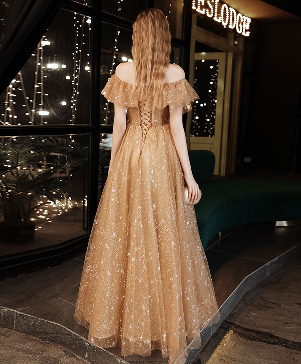 BXOXO DRESS TO IMPRESS Gold A line Long Prom Dresses, Shiny Off Shoulder Gold Formal Graduation Dress