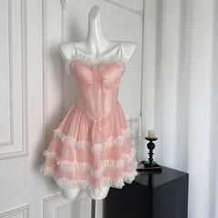BXOXO - summer inspo Summer New Sweet Princess Style Suspender Dress Women Lace Ballet Short Dress Fashion High Waist Puffy Party Dresses