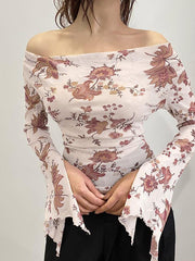 BXOXO - Off-Shoulder Floral Print Bell Sleeve Top