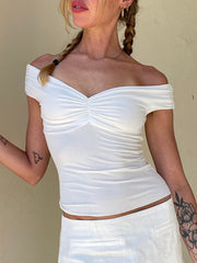 BXOXO - summer inspo Off Shoulder Solid Ruched V Neck Slim Basic Cropped Tee Shirt Women