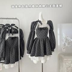 BXOXO - summer inspo Grey Polka Dot Dress Korean Style Retro High Waist Mini Dresses Women Fashion Lace Splicing Long Sleeve Dress