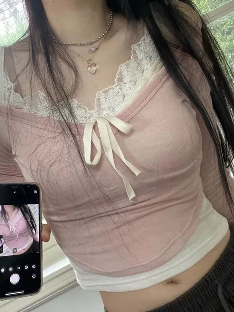 BXOXO - summer inspo Sweet Y2K Lace Contrast Patchwork Slim Long Sleeve Pink T Shirt Women 2000s Cute Kawaii Clothes