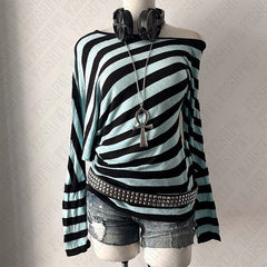 Bxoxo Y2K streetwear fashion Harajuku Women autumn and winter long sleeve 2000s casual vintage striped sexy Punk hip hop tops emo girl