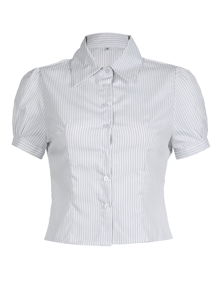 BXOXO - summer inspo Sweetown White Stripe Puff Short Sleeve Button Shirts For Women Basic Simple Casual Seumme Preppy Tops Y2K Korean Clothes