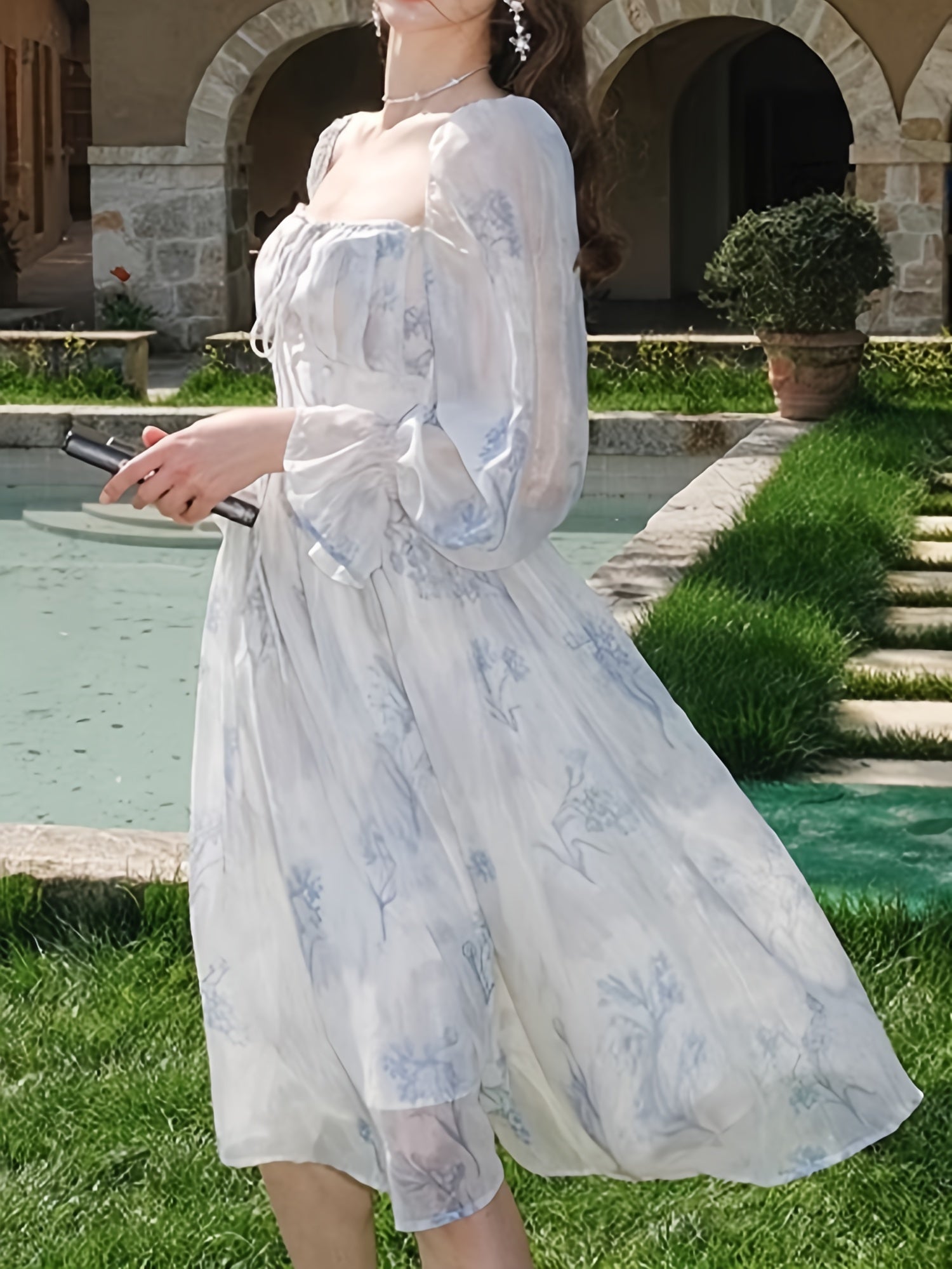 BXOXO Women's Floral Print Square Neck Chiffon Dress with Long Bell Sleeves - Mid-Length H-Line Silhouette, Smocked Detailing & Flowy Umbrella Hem for Casual to Formal Occasions, Floral Print Dress