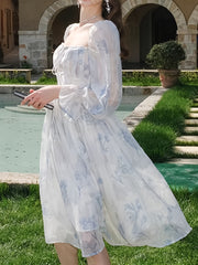 BXOXO Women's Floral Print Square Neck Chiffon Dress with Long Bell Sleeves - Mid-Length H-Line Silhouette, Smocked Detailing & Flowy Umbrella Hem for Casual to Formal Occasions, Floral Print Dress