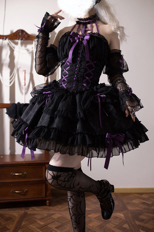 BXOXO - Black Purple Tube Top Sleeveless Blowknot Ruffled Gothic Lolita Tiered Dress