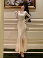 BXOXO party look inspos Elegant Solid Mesh Patchwork Mermaid Knitted Dress for Women Autumn French Slim Long Sleeve Midi Dresses Female Party Prom Robe