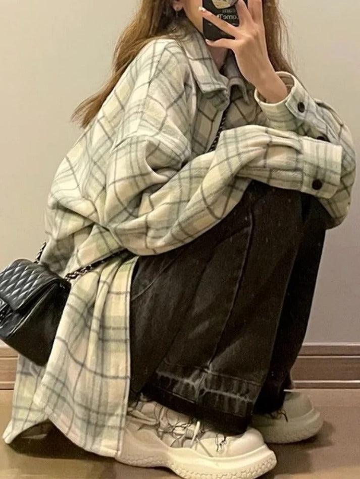 Vintage Plaid Print Brushed Long Sleeve Blouse