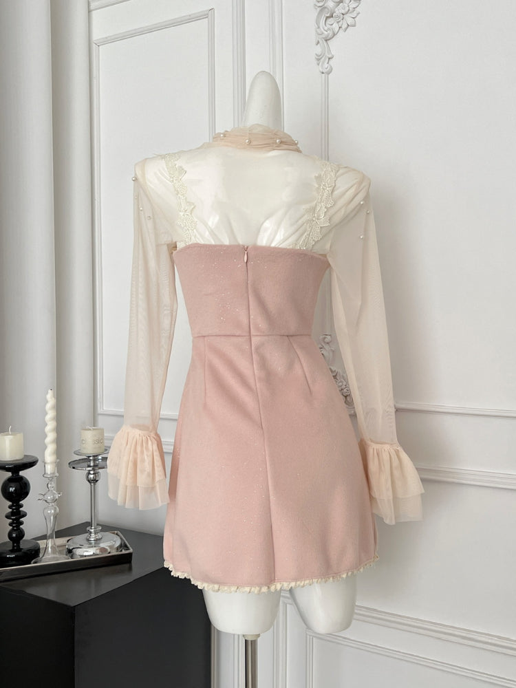BXOXO Japanese Fashion Sweet Kawaii 2 Piece Set Women Mesh Lace Tops+Splicing Halter Mini Dress Female Casual Cute Designer Suits New