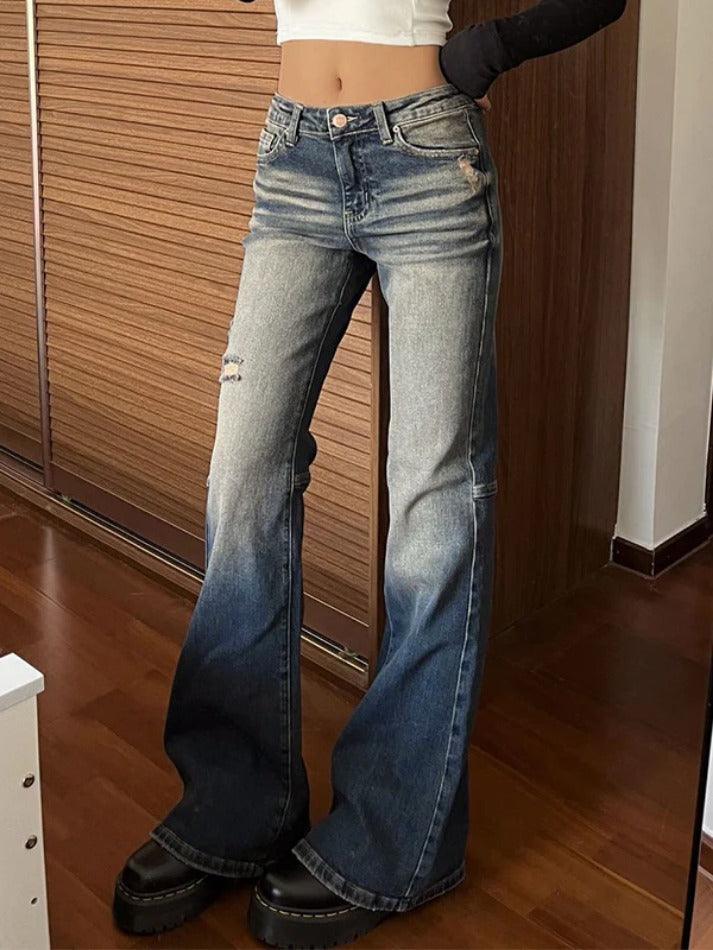 Washed Distressed Frayed Flare Jeans