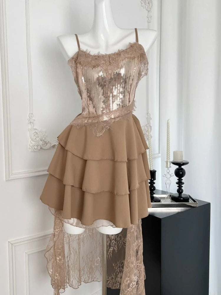 BXOXO Summer France Fashion Strap Irregular Party Dress Women Ruffles Splicing Lace Sequins Slim Mini Dress Sexy Chic Designer Clothes