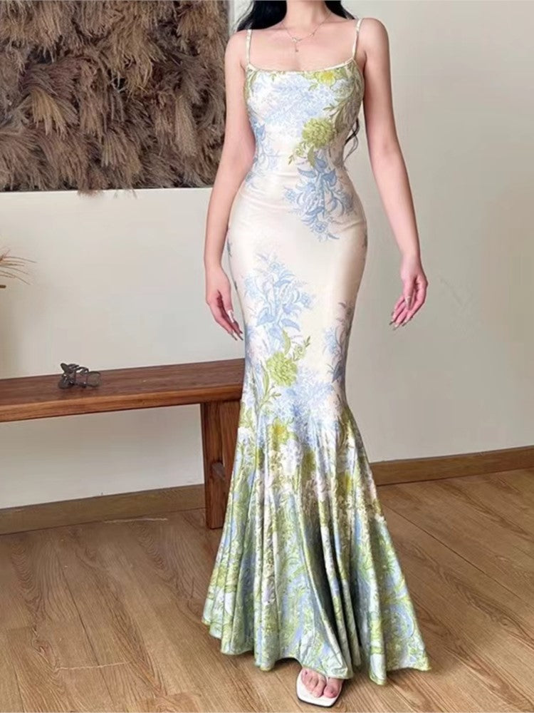 BXOXO party look inspos Fashion New Women Summer Bodycon Slim Long Dress Sleeveless Casual Floral Vintage Fishtail Vestidos Female Party Clothes Robe