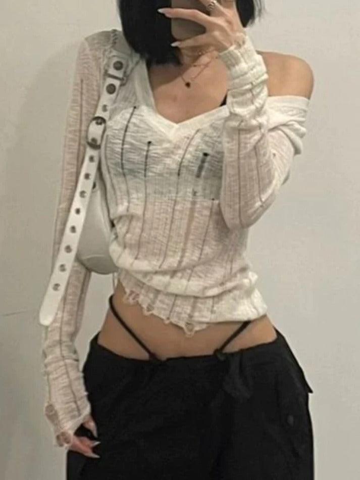 V Neck Tattered Slim Long Sleeve Knit