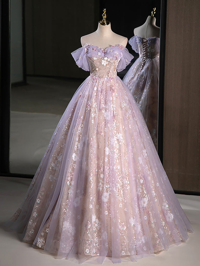 BXOXO A-Line Off Shoulder Tulle Lace Purple Long Prom Dress, Purple Formal Dress