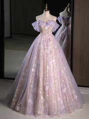 BXOXO A-Line Off Shoulder Tulle Lace Purple Long Prom Dress, Purple Formal Dress