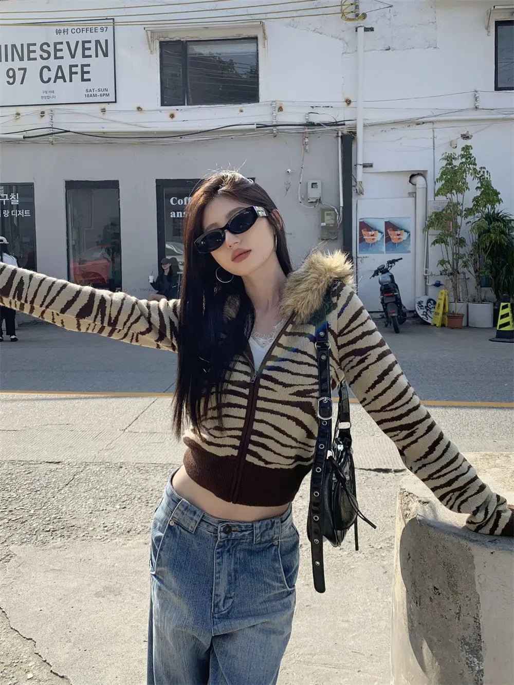 BXOXO Harajuku Zip Up Hoodies Winter Clothes Slim Streetwear Vintage Korea Punk Coats Emo Girl Fox Fur Sweatshirts Y2k Knit Hoodie Top