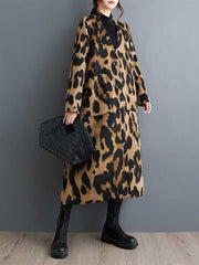 BXOXO Long Sleeves Loose Buttoned Leopard Pockets Split-Joint V-Neck Outerwear Trench Coats