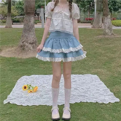 BXOXO Kawaii Lace Skirt Cute Hot Girl Clothing Summer Cake skirt Casual Loose Korea Blue 2000s Sweet Women Skirts Low-waist Y2k Skirts