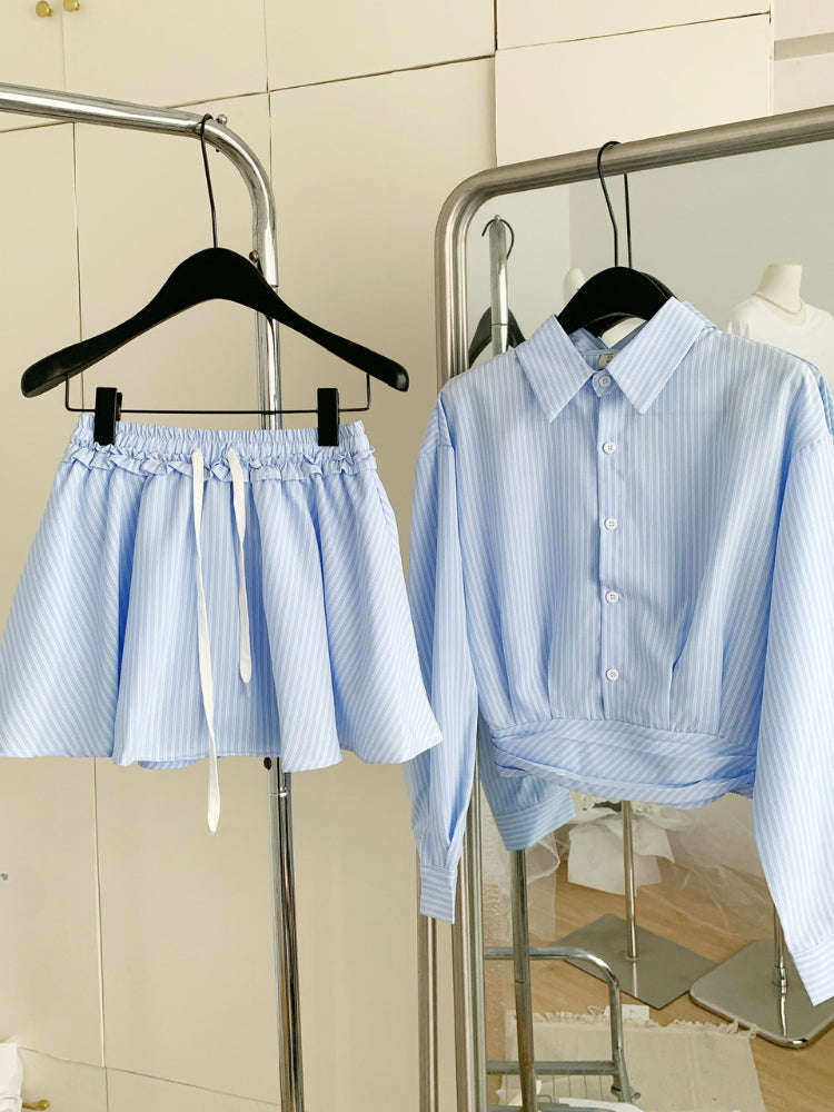 BXOXO American Elegant Fashion Striped 2 Piece Set Women Button Short Tops+Drawstring Mini Umbrella Skirts Casual Streetwear Suits New