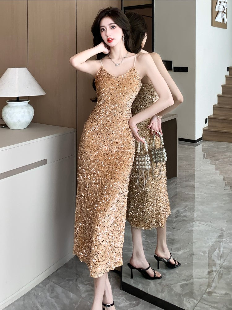 BXOXO party look inspos Autumn Women V-Neck Sequins Party Dress New Elegant Sleeveless Package Hip Spaghetti Strap Long Dresses Chic Vestidos Largos