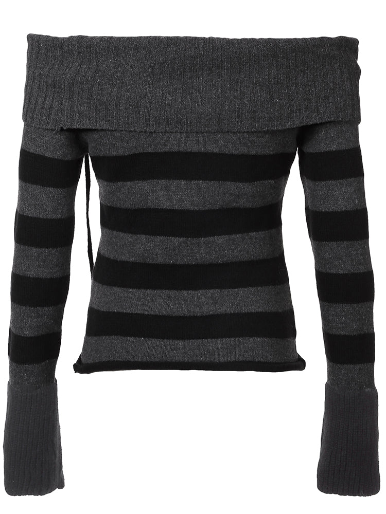 BXOXO - summer inspo Off Shoulder Slim Knitted Stripe Jumper Women Lace-Up Slash Neck Long Sleeve Sweater Tee Korean Fashion Street Knittwear