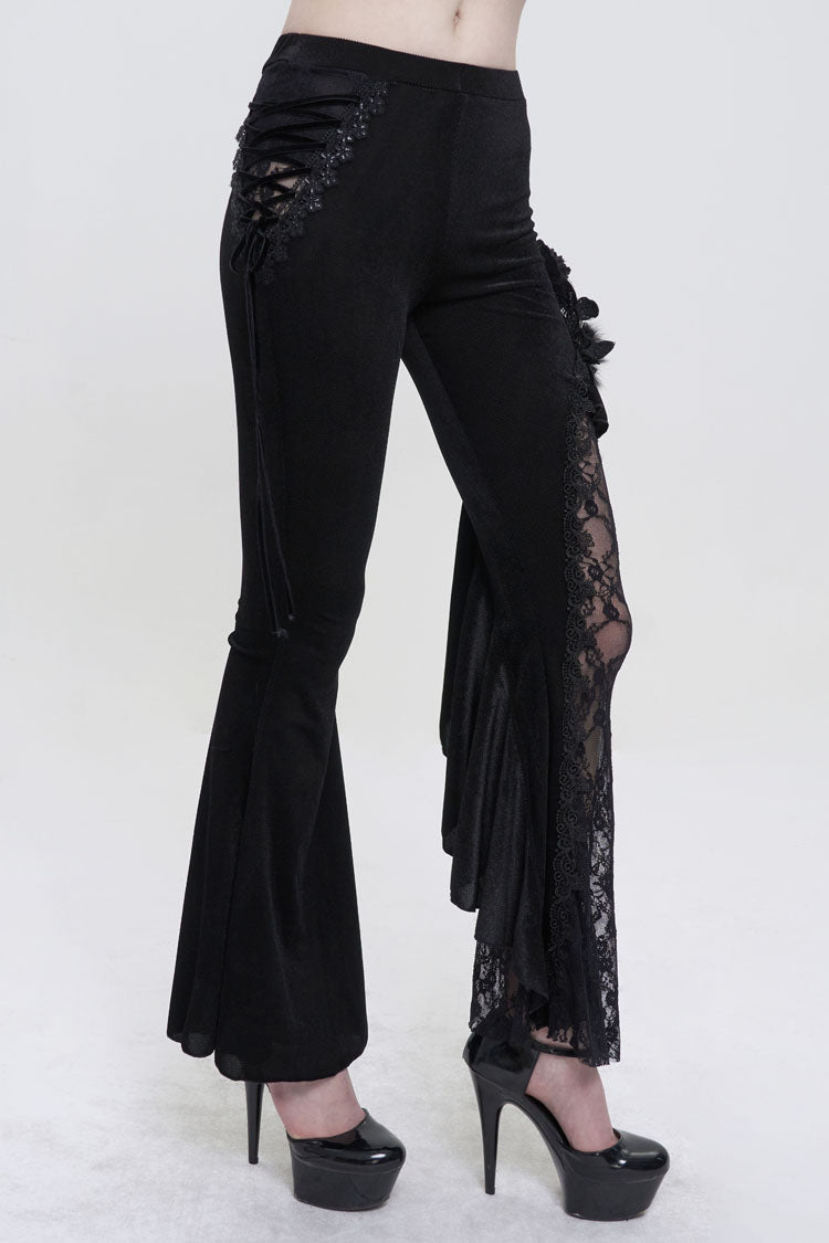 BXOXO Black Velvet Single Side Stitching Rose Net Side Rope Decoration Asymmetric Pattern Flare Women's Gothic Pants