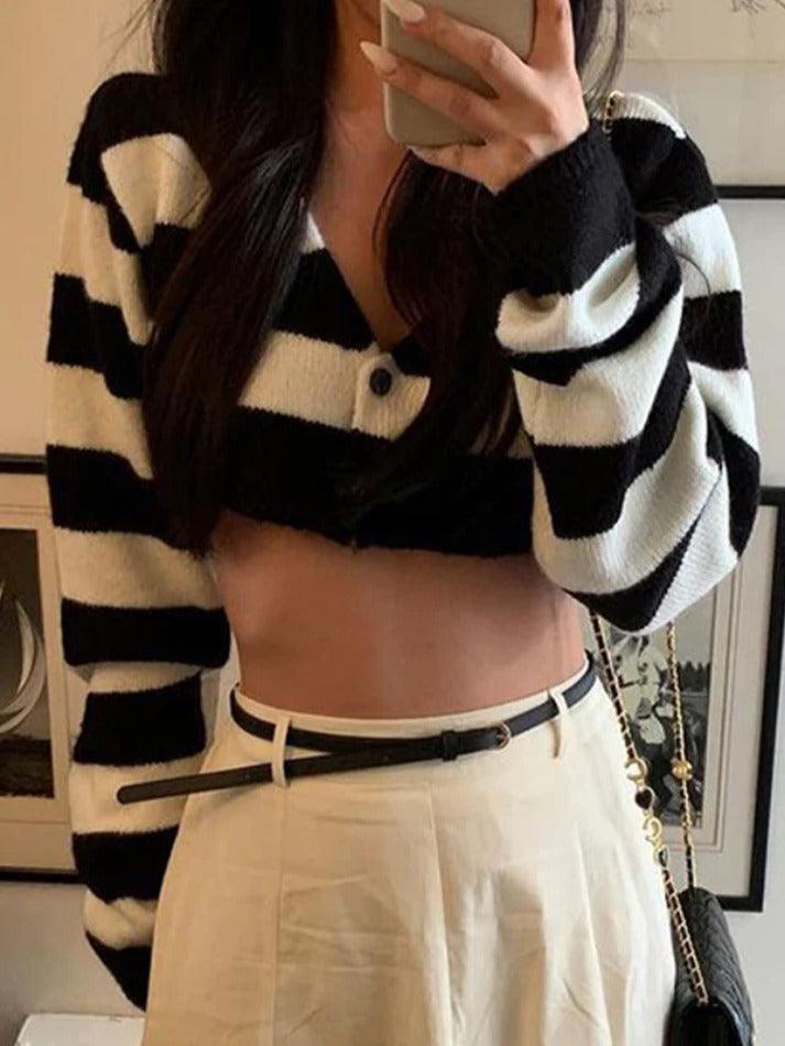 Vintage Striped Ultra Short V Neck Long Sleeve Knit