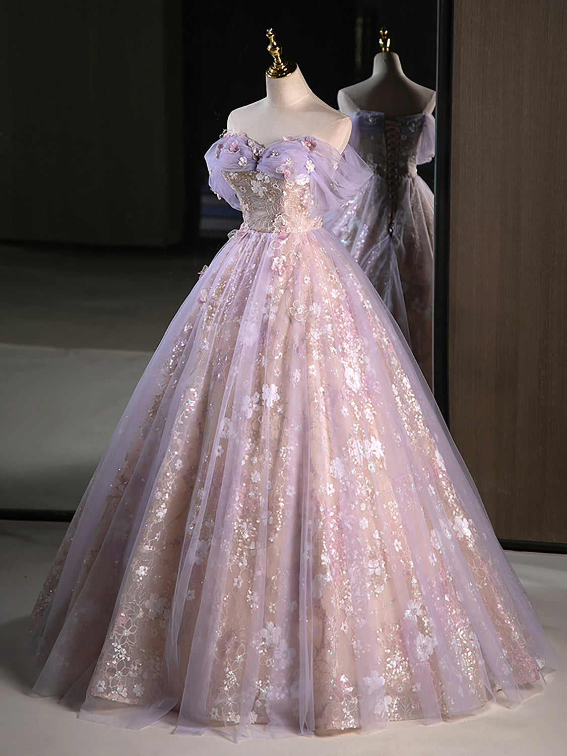 BXOXO A-Line Off Shoulder Tulle Lace Purple Long Prom Dress, Purple Formal Dress