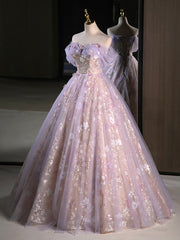 BXOXO A-Line Off Shoulder Tulle Lace Purple Long Prom Dress, Purple Formal Dress
