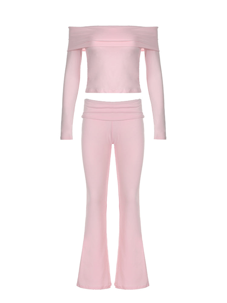BXOXO - summer inspo Women Solid Skinny Ruched Off Shoulder Long Sleeve Tee Shirt And Flared Pants 2 Pieces Sets