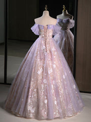 BXOXO A-Line Off Shoulder Tulle Lace Purple Long Prom Dress, Purple Formal Dress