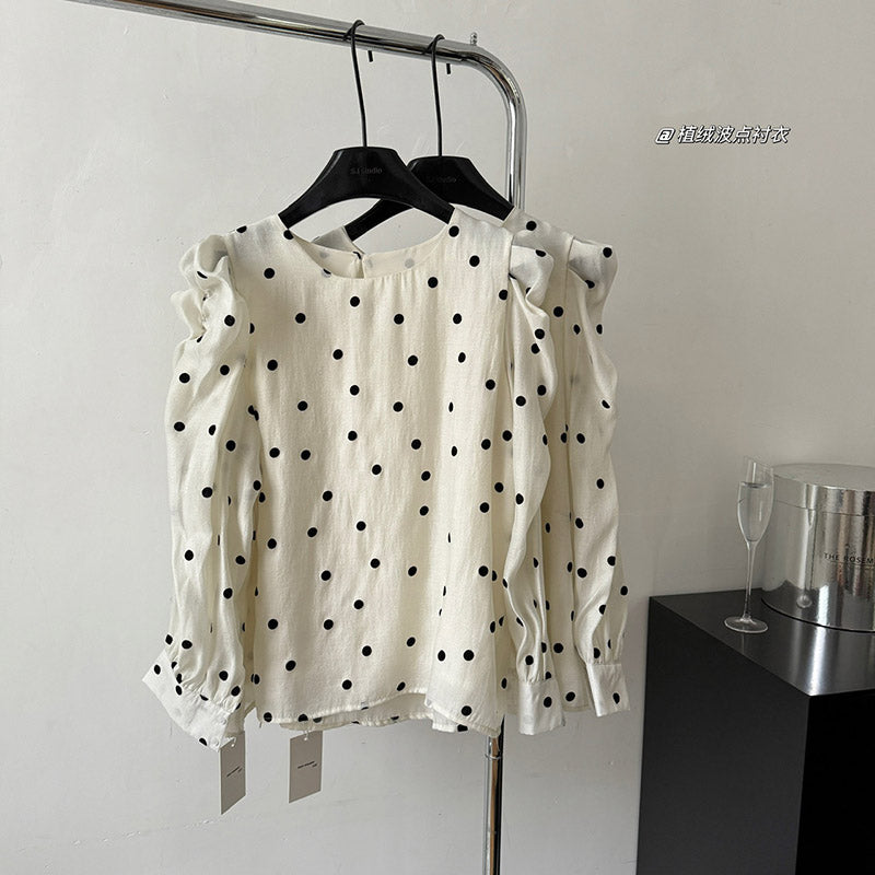 BXOXO - summer inspo Bow Velvet Short Dress+Round Necked Bubble Sleeved Polka Dot Shirt Fashion Two-piece Set Autumn and Winter New