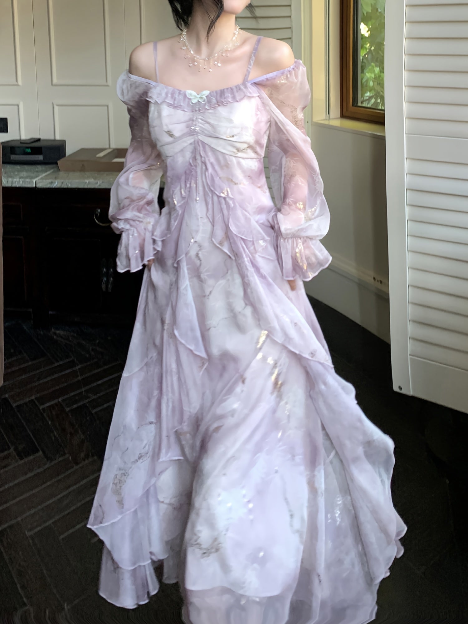 BXOXO Lavender Blue Ombre Dress - Elegant Floral Print, Long Sleeve, Off-Shoulder, A-Line Silhouette, Ruffle Detail, Polyester, Perfect for Spring & Summer